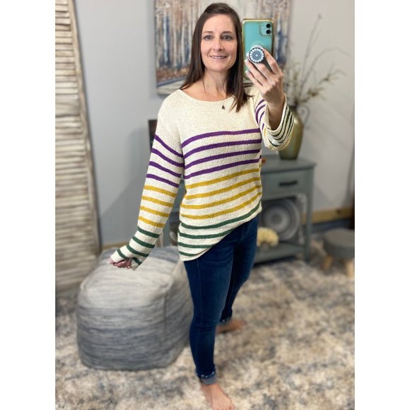 🎭Mardi Gras Wide Neck Loose Striped Sweater Shirt Purple Green & Gold 0123 - Picture 7 of 8